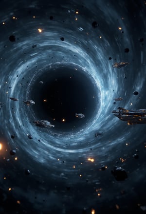 ultrarealistic ufo starship fleet entering realistic black hole vortex8k resolution,sharp focus,