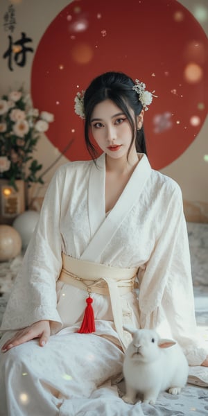 A young woman in a beautiful white kimono sits on a soft, patterned fabric. She is adorned with delicate floral hair ornaments and a red tassel hangs from her waist. Her expression is serene and elegant, her gaze directed towards the viewer. A white rabbit sits beside her, adding a touch of innocence and charm to the scene. The background features a large red circle and a traditional Chinese character, creating a sense of cultural richness and mystique. [Photorealistic portrait, inspired by the works of Annie Leibovitz and Steve McCurry], [Soft, natural light, focus on the woman's face and her elegant pose, blurred background with a sense of depth, textured surfaces, a sense of cultural heritage and beauty], Hanfu, KOLNB, Ahri,Auguste Renoir ~ Paul Peel ~ John Singer Sargent ~ Alexandre-Jacques Chantron ~ John William Godward ~ John William Waterhouse ~ Han-Wu Shen ~ Ishitaka Amano ~ Chakrapan Posayakrit ~ Kim Jung Gi ~ Kei Mieno ~ Ikushima Hiroshi ~ WLOP ~ William-Adolphe Bouguereau ~ Alphonse Mucha ~Luis Royo ~ Range Murata ~ Jock Sturges photography ~ David Hamillton photography,sparkles,,surreal