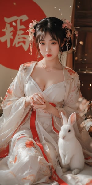 A young woman in a beautiful white kimono sits on a soft, patterned fabric. She is adorned with delicate floral hair ornaments and a red tassel hangs from her waist. Her expression is serene and elegant, her gaze directed towards the viewer. A white rabbit sits beside her, adding a touch of innocence and charm to the scene. The background features a large red circle and a traditional Chinese character, creating a sense of cultural richness and mystique. [Photorealistic portrait, inspired by the works of Annie Leibovitz and Steve McCurry], [Soft, natural light, focus on the woman's face and her elegant pose, blurred background with a sense of depth, textured surfaces, a sense of cultural heritage and beauty], Hanfu, KOLNB, Ahri,Auguste Renoir ~ Paul Peel ~ John Singer Sargent ~ Alexandre-Jacques Chantron ~ John William Godward ~ John William Waterhouse ~ Han-Wu Shen ~ Ishitaka Amano ~ Chakrapan Posayakrit ~ Kim Jung Gi ~ Kei Mieno ~ Ikushima Hiroshi ~ WLOP ~ William-Adolphe Bouguereau ~ Alphonse Mucha ~Luis Royo ~ Range Murata ~ Jock Sturges photography ~ David Hamillton photography,sparkles,,surreal