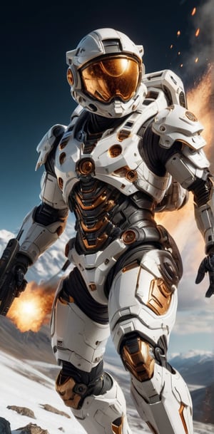 (best quality, 8K, high-resolution, masterpiece), ultra-detailed, The image shows an sleek high tech astronaut suit floating in a explosion fire snowy mountainat background, firing a weapon. The robot has a white body with dark orange accents and is equipped with a large white blaster. dynamic angle shot, cinematic, film lighting, dramatic, ultra quality, ultra realistic, sharp focus, studio lighting, remarkable color,bl1ndm5k,Nanosuit exoskeleton