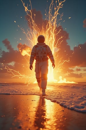 astronaut walking on sunshine, vfx explosions in the background by john carpenter and michael bay, parting the sea, split the moon, summer breeze, big wave, tropical pacific, 80 and 90 psychedelic city pop sfx by haruomi hosono, tatsuro yamashita, shigeru suzuki, yura yura teikoku, shintaro sakamoto, s kitoyaka and omega tribe, makoto matsushita, toshiki kadomatsu,(her hand crackling with huge electricity power as she gazes directly at the camera))