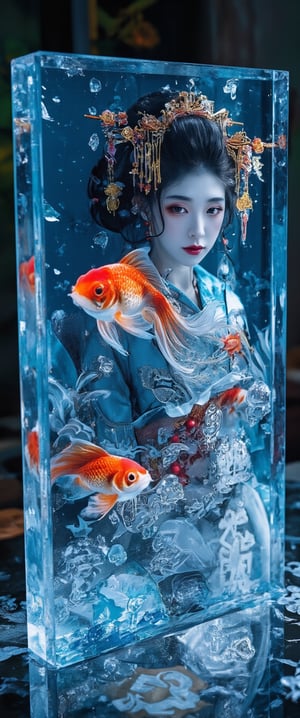 Photo, realistic, light refraction, ((acrylic with goldfish illustration embedded in desk)),  llngsh AND 1920s geisha, face, brunette, kimono goldfish look like they are swimming in Chinese letter panterns that spell ni hao, deep blue and light blue gradation, very beautiful, cool feeling piece,  