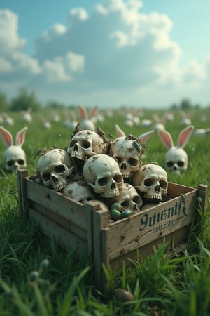 masterpiece, 8k, HDR, 3 D, best quality, photography, analog style, real life, extremely beautiful, (highly detailed, intricately detailed), An image of a crate with different skulls, with different insects crawling on them, worms, flies, 

The background is green grassland, blue sky, and groups of white rabbits.


Skeletons From Abyss,
The box says "Spare parts"