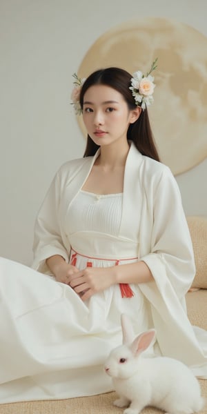 A young woman in a beautiful white hanfu sits on a soft, patterned fabric. She is adorned with delicate floral hair ornaments and a red tassel hangs from her waist. Her expression is serene and elegant, her gaze directed towards the viewer. A white rabbit sits beside her, adding a touch of innocence and charm to the scene. The background features a large moon, creating a sense of cultural richness and mystique. 