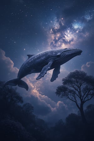 Fantasy Ultra Realistic High Detailed 8K Image, mythical creature like a super-large terrifying whale swimming in the sky, Multiverse tree beside it, beautiful galaxy aurora view, night, bright, CG, landscape, close-up shot, focused on whale and tree, cosmic lighting, dynamic composition, capturing the surreal scene, immersive environment blending celestial, mythical, and fantastical elements.