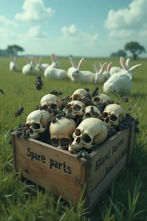 masterpiece, 8k, HDR, 3 D, best quality, photography, analog style, real life, extremely beautiful, (highly detailed, intricately detailed), An image of a crate with different skulls, with different insects crawling on them, worms, flies, 

The background is green grassland, blue sky, and groups of white rabbits.


Skeletons From Abyss,
The box says "Spare parts"