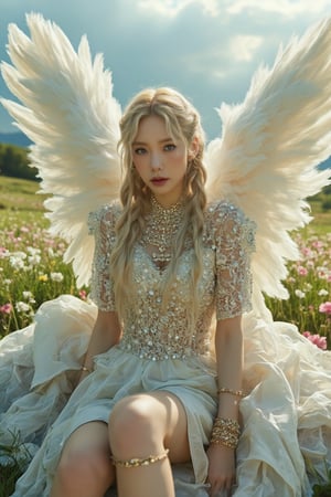 The Divine Maiden seated on a billowy cloud, long blonde braids cascading elegantly, striking grey eyes sparkling with ethereal wisdom, snow-white luminous skin radiating an otherworldly glow, transparent veil adorned with shimmering crystals fluttering gently, delicate and airy divine garments layered with elements of crystal, intricate gold bracelets adorning arms and legs, magnificent angel wings unfurling in pure light, vibrant sun rays filtering through, illuminating her presence, lush floral meadow beneath, creating an atmosphere of serene love and tranquility, wide-angle view showcasing the heavenly realm.,Taeyeon 