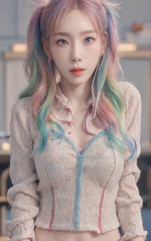 A girl with rainbow-colored twintails and foxears and fox tails.,Taeyeon 