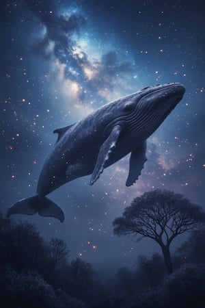 Fantasy Ultra Realistic High Detailed 8K Image, mythical creature like a super-large terrifying whale swimming in the sky, Multiverse tree beside it, beautiful galaxy aurora view, night, bright, CG, landscape, close-up shot, focused on whale and tree, cosmic lighting, dynamic composition, capturing the surreal scene, immersive environment blending celestial, mythical, and fantastical elements.