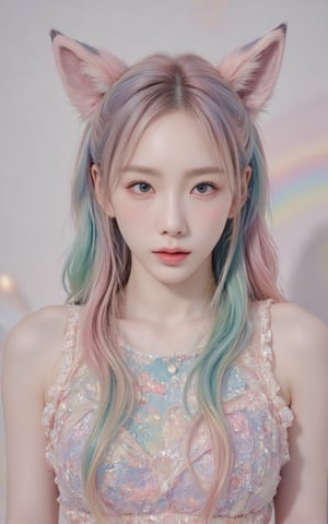 A girl with rainbow twintails and foxears and fox tails. 