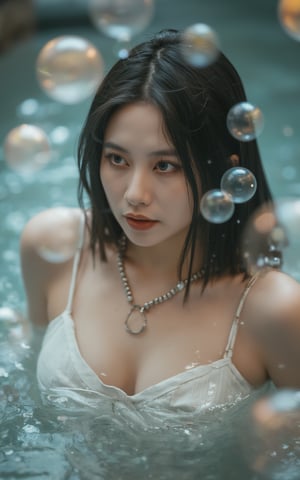 A stunning female model with an enhanced bust size poses provocatively amidst a whimsical setting, surrounded by ethereal water orbs that seem to defy gravity. Soft focus and gentle lighting envelop her refined facial structure and luscious locks, drawing attention to her captivating gaze. The shimmering, translucent spheres create an air of enchantment as she emerges from the sea of floating bubbles.