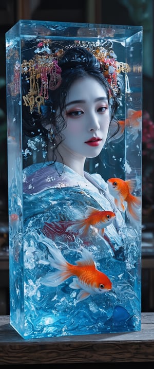 Photo, realistic, light refraction, ((acrylic with goldfish illustration embedded in desk)),  llngsh AND 1920s geisha, face, brunette, kimono goldfish look like they are swimming in Chinese letter panterns that spell ni hao, deep blue and light blue gradation, very beautiful, cool feeling piece,  