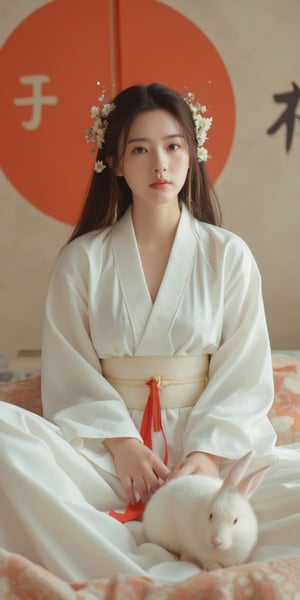 A young woman in a beautiful white kimono sits on a soft, patterned fabric. She is adorned with delicate floral hair ornaments and a red tassel hangs from her waist. Her expression is serene and elegant, her gaze directed towards the viewer. A white rabbit sits beside her, adding a touch of innocence and charm to the scene. The background features a large red circle and a traditional Chinese character, creating a sense of cultural richness and mystique. [Photorealistic portrait, inspired by the works of Annie Leibovitz and Steve McCurry], [Soft, natural light, focus on the woman's face and her elegant pose, blurred background with a sense of depth, textured surfaces, a sense of cultural heritage and beauty], Hanfu, KOLNB, Ahri,Auguste Renoir ~ Paul Peel ~ John Singer Sargent ~ Alexandre-Jacques Chantron ~ John William Godward ~ John William Waterhouse ~ Han-Wu Shen ~ Ishitaka Amano ~ Chakrapan Posayakrit ~ Kim Jung Gi ~ Kei Mieno ~ Ikushima Hiroshi ~ WLOP ~ William-Adolphe Bouguereau ~ Alphonse Mucha ~Luis Royo ~ Range Murata ~ Jock Sturges photography ~ David Hamillton photography,sparkles,,surreal