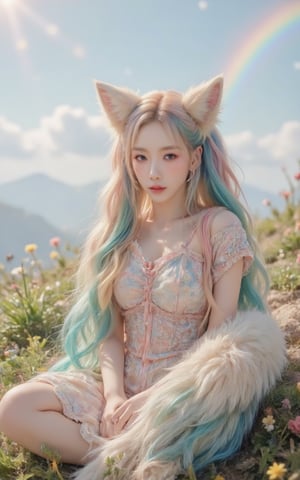 A  bright-eyed girl with vibrant rainbow-colored twin tails styled in loose, flowing waves. Her ears are adorned with delicate fox-shaped earpieces, complete with fluffy fur details.  Fox-tailS wraps around her waist, its soft fur catching the warm light of a sunny day. She sits cross-legged on a grassy hillside, surrounded by wildflowers and a backdrop of fluffy white clouds and rianbows.