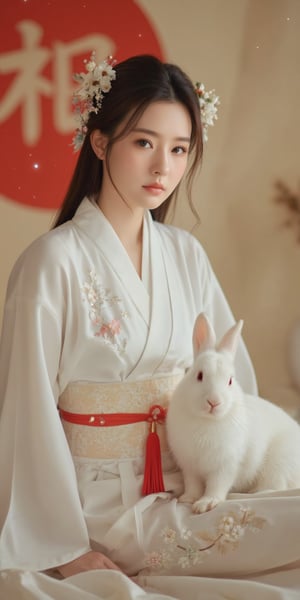 A young woman in a beautiful white kimono sits on a soft, patterned fabric. She is adorned with delicate floral hair ornaments and a red tassel hangs from her waist. Her expression is serene and elegant, her gaze directed towards the viewer. A white rabbit sits beside her, adding a touch of innocence and charm to the scene. The background features a large red circle and a traditional Chinese character, creating a sense of cultural richness and mystique. [Photorealistic portrait, inspired by the works of Annie Leibovitz and Steve McCurry], [Soft, natural light, focus on the woman's face and her elegant pose, blurred background with a sense of depth, textured surfaces, a sense of cultural heritage and beauty], Hanfu, KOLNB, Ahri,Auguste Renoir ~ Paul Peel ~ John Singer Sargent ~ Alexandre-Jacques Chantron ~ John William Godward ~ John William Waterhouse ~ Han-Wu Shen ~ Ishitaka Amano ~ Chakrapan Posayakrit ~ Kim Jung Gi ~ Kei Mieno ~ Ikushima Hiroshi ~ WLOP ~ William-Adolphe Bouguereau ~ Alphonse Mucha ~Luis Royo ~ Range Murata ~ Jock Sturges photography ~ David Hamillton photography,sparkles,,surreal