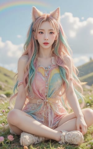 A  bright-eyed girl with vibrant rainbow-colored twin tails styled in loose, flowing waves. Her ears are adorned with delicate fox-shaped earpieces, complete with fluffy fur details.  Fox-tailS wraps around her waist, its soft fur catching the warm light of a sunny day. She sits cross-legged on a grassy hillside, surrounded by wildflowers and a backdrop of fluffy white clouds and rianbows.