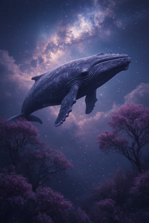 Fantasy Ultra Realistic High Detailed 8K Image, mythical creature like a super-large terrifying whale swimming in the sky, Multiverse tree beside it, beautiful galaxy aurora view, night, bright, CG, landscape, close-up shot, focused on whale and tree, cosmic lighting, dynamic composition, capturing the surreal scene, immersive environment blending celestial, mythical, and fantastical elements.