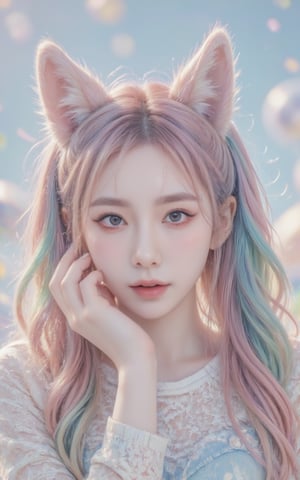 A girl with rainbow twintails and foxears and fox tails. 