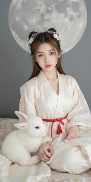 A young woman in a beautiful white hanfu sits on a soft, patterned fabric. She is adorned with delicate floral hair ornaments and a red tassel hangs from her waist. Her expression is serene and elegant, her gaze directed towards the viewer. A white rabbit sits beside her, adding a touch of innocence and charm to the scene. The background features a large moon, creating a sense of cultural richness and mystique. 