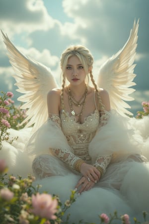 The Divine Maiden seated on a billowy cloud, long blonde braids cascading elegantly, striking grey eyes sparkling with ethereal wisdom, snow-white luminous skin radiating an otherworldly glow, transparent veil adorned with shimmering crystals fluttering gently, delicate and airy divine garments layered with elements of crystal, intricate gold bracelets adorning arms and legs, magnificent angel wings unfurling in pure light, vibrant sun rays filtering through, illuminating her presence, lush floral meadow beneath, creating an atmosphere of serene love and tranquility, wide-angle view showcasing the heavenly realm.