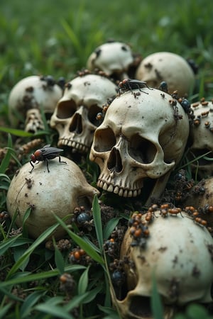 masterpiece, 8k, HDR, 3 D, best quality, photography, analog style, real life, extremely beautiful, (highly detailed, intricately detailed), An image of a pile of skulls, with different insects crawling on them, worms, flie.

The background is green grassland.


