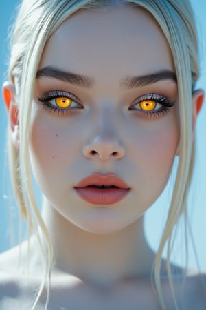 close, albino woman with glowing eyes and hair in white gold jewelry, light painting, futuristic digital, realistic sci-fi, lights, gold filigree, silver lashes, diamond, ethereal, misty, holographic, white sky on background,glitter