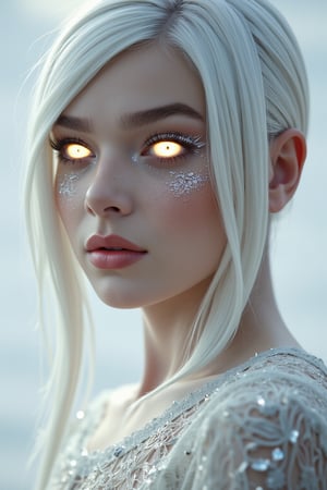 close, albino woman with glowing eyes and hair in white gold jewelry, light painting, futuristic digital, realistic sci-fi, lights, gold filigree, silver lashes, diamond, ethereal, misty, holographic, white sky on background,glitter