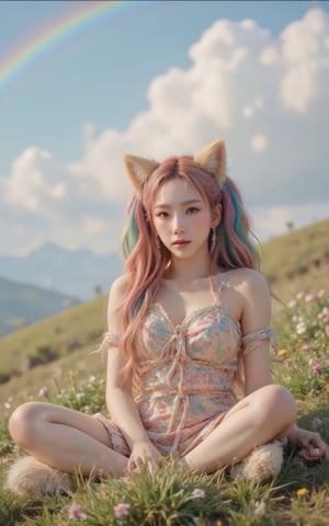 A  bright-eyed girl with vibrant rainbow-colored twin tails styled in loose, flowing waves. Her ears are adorned with delicate fox-shaped earpieces, complete with fluffy fur details.  Fox-tailS wraps around her waist, its soft fur catching the warm light of a sunny day. She sits cross-legged on a grassy hillside, surrounded by wildflowers and a backdrop of fluffy white clouds and rianbows.