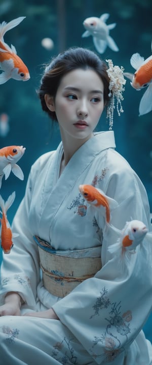 Photo, realistic, light refraction, llngsh AND 1920s geisha, face, brunette, kimono goldfish look like they are swimming in the air, deep blue and light blue gradation, very beautiful, cool feeling piece,  