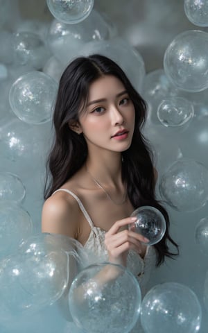 A stunning female model with an enhanced bust size poses provocatively amidst a whimsical setting, surrounded by ethereal water orbs that seem to defy gravity. Soft focus and gentle lighting envelop her refined facial structure and luscious locks, drawing attention to her captivating gaze. The shimmering, translucent spheres create an air of enchantment as she emerges from the sea of floating bubbles.