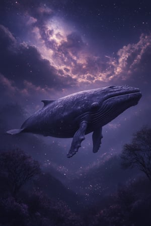 Fantasy Ultra Realistic High Detailed 8K Image, mythical creature like a super-large terrifying whale swimming in the sky, Multiverse tree beside it, beautiful galaxy aurora view, night, bright, CG, landscape, close-up shot, focused on whale and tree, cosmic lighting, dynamic composition, capturing the surreal scene, immersive environment blending celestial, mythical, and fantastical elements.