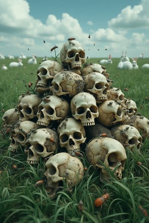 masterpiece, 8k, HDR, 3 D, best quality, photography, analog style, real life, extremely beautiful, (highly detailed, intricately detailed), An image of a pile of skulls, with different insects crawling on them, worms, flie.

The background is green grassland, blue sky, and groups of white rabbits.


Skeletons From Abyss,
The box says "Spare parts"