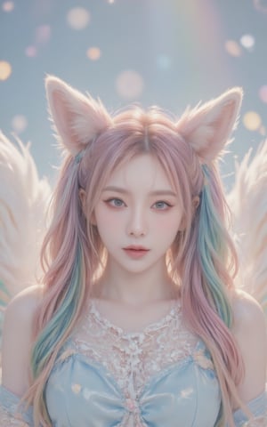 A girl with rainbow twintails and foxears and fox tails. 