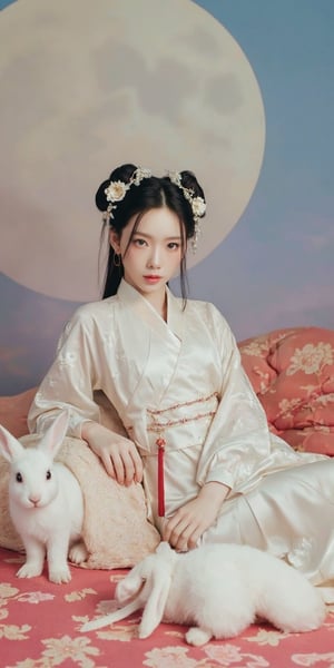 A young woman in a beautiful white hanfu sits on a soft, patterned fabric. She is adorned with delicate floral hair ornaments and a red tassel hangs from her waist. Her expression is serene and elegant, her gaze directed towards the viewer. A white rabbit sits beside her, adding a touch of innocence and charm to the scene. The background features a large moon, creating a sense of cultural richness and mystique. 