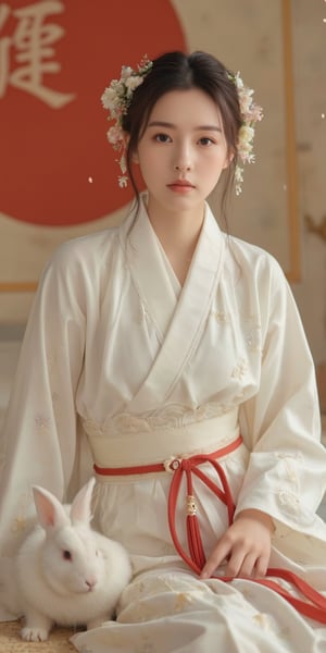 A young woman in a beautiful white kimono sits on a soft, patterned fabric. She is adorned with delicate floral hair ornaments and a red tassel hangs from her waist. Her expression is serene and elegant, her gaze directed towards the viewer. A white rabbit sits beside her, adding a touch of innocence and charm to the scene. The background features a large red circle and a traditional Chinese character, creating a sense of cultural richness and mystique. [Photorealistic portrait, inspired by the works of Annie Leibovitz and Steve McCurry], [Soft, natural light, focus on the woman's face and her elegant pose, blurred background with a sense of depth, textured surfaces, a sense of cultural heritage and beauty], Hanfu, KOLNB, Ahri,Auguste Renoir ~ Paul Peel ~ John Singer Sargent ~ Alexandre-Jacques Chantron ~ John William Godward ~ John William Waterhouse ~ Han-Wu Shen ~ Ishitaka Amano ~ Chakrapan Posayakrit ~ Kim Jung Gi ~ Kei Mieno ~ Ikushima Hiroshi ~ WLOP ~ William-Adolphe Bouguereau ~ Alphonse Mucha ~Luis Royo ~ Range Murata ~ Jock Sturges photography ~ David Hamillton photography,sparkles,,surreal