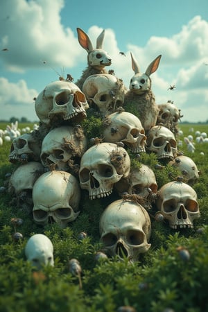 masterpiece, 8k, HDR, 3 D, best quality, photography, analog style, real life, extremely beautiful, (highly detailed, intricately detailed), An image of a pile of skulls, with different insects crawling on them, worms, flie.

The background is green grassland, blue sky, and groups of white rabbits.


