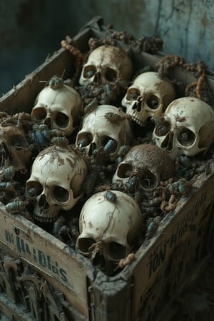 masterpiece, 8k, HDR, 3 D, best quality, photography, analog style, real life, extremely beautiful, (highly detailed, intricately detailed), An image of a crate with different skulls, with different insects crawling on them, worms, flies, larvae, putrid brown-grey background, sharp, perfect composition


Skeletons From Abyss,
The box says "Spare parts"