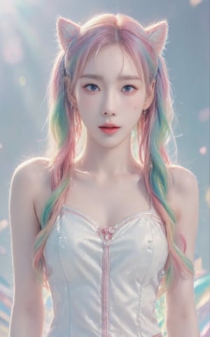 A girl with rainbow-colored twintails and foxears and fox tails.,Taeyeon 