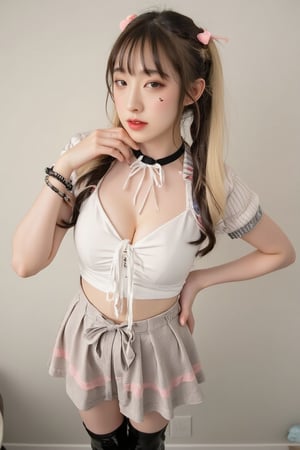 A sweet and sassy gyaru girl! In a cowboy-inspired shot, she's posed with one hip cocked and her long, multicolored hair flowing down her back. The gradient effect on her locks creates a striking contrast against the white shirt with a collared neckline, striped sleeves, and a bowtie at the front. A black choker adorns her neck, and her eyes sparkle with a blush as she flashes a bright smile. Her blonde bangs frame her face, and a pink hair ornament in the shape of a heart sits atop her ponytail. She wears a pleated skirt that's hiked up around her waist, revealing her thigh-high socks and black patent leather shoes. A pink bow adorns her collarbone, and a bracelet wraps around her wrist, drawing attention to her tattooed facial mark. The overall effect is playful, flirtatious, and utterly captivating.