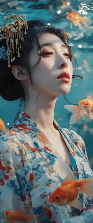 Photo, realistic, light refraction, llngsh AND 1920s geisha, face, brunette, kimono goldfish look like they are swimming in the air, deep blue and light blue gradation, very beautiful, cool feeling piece,  