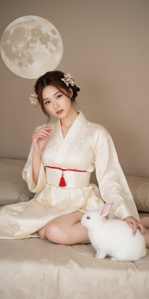 A young woman in a beautiful white hanfu sits on a soft, patterned fabric. She is adorned with delicate floral hair ornaments and a red tassel hangs from her waist. Her expression is serene and elegant, her gaze directed towards the viewer. A white rabbit sits beside her, adding a touch of innocence and charm to the scene. The background features a large moon, creating a sense of cultural richness and mystique. 