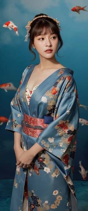 Photo, realistic, light refraction, llngsh AND 1920s geisha, face, brunette, kimono goldfish look like they are swimming in the air, deep blue and light blue gradation, very beautiful, cool feeling piece,  