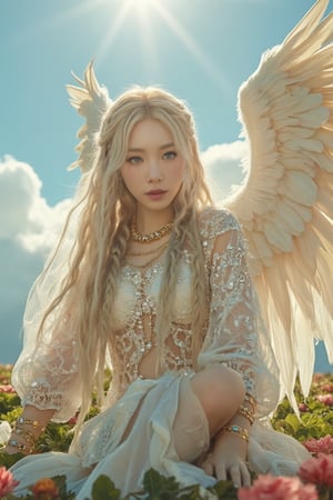 The Divine Maiden seated on a billowy cloud, long blonde braids cascading elegantly, striking grey eyes sparkling with ethereal wisdom, snow-white luminous skin radiating an otherworldly glow, transparent veil adorned with shimmering crystals fluttering gently, delicate and airy divine garments layered with elements of crystal, intricate gold bracelets adorning arms and legs, magnificent angel wings unfurling in pure light, vibrant sun rays filtering through, illuminating her presence, lush floral meadow beneath, creating an atmosphere of serene love and tranquility, wide-angle view showcasing the heavenly realm.,Taeyeon 