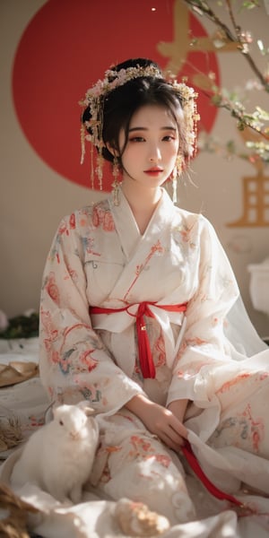 A young woman in a beautiful white kimono sits on a soft, patterned fabric. She is adorned with delicate floral hair ornaments and a red tassel hangs from her waist. Her expression is serene and elegant, her gaze directed towards the viewer. A white rabbit sits beside her, adding a touch of innocence and charm to the scene. The background features a large red circle and a traditional Chinese character, creating a sense of cultural richness and mystique. [Photorealistic portrait, inspired by the works of Annie Leibovitz and Steve McCurry], [Soft, natural light, focus on the woman's face and her elegant pose, blurred background with a sense of depth, textured surfaces, a sense of cultural heritage and beauty], Hanfu, KOLNB, Ahri,Auguste Renoir ~ Paul Peel ~ John Singer Sargent ~ Alexandre-Jacques Chantron ~ John William Godward ~ John William Waterhouse ~ Han-Wu Shen ~ Ishitaka Amano ~ Chakrapan Posayakrit ~ Kim Jung Gi ~ Kei Mieno ~ Ikushima Hiroshi ~ WLOP ~ William-Adolphe Bouguereau ~ Alphonse Mucha ~Luis Royo ~ Range Murata ~ Jock Sturges photography ~ David Hamillton photography,sparkles,,surreal