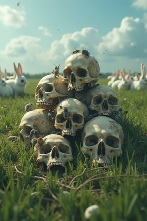 masterpiece, 8k, HDR, 3 D, best quality, photography, analog style, real life, extremely beautiful, (highly detailed, intricately detailed), An image of a pile of skulls, with different insects crawling on them, worms, flie.

The background is green grassland, blue sky, and groups of white rabbits.


Skeletons From Abyss,
The box says "Spare parts"