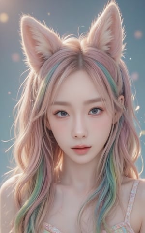 A girl with rainbow twintails and foxears and fox tails. 