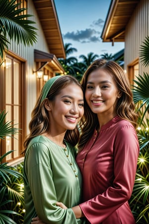 In hyper-realistic scene, the traditional wooden house is beautifully illuminated by an abundance of lampu raya, casting a warm and festive glow. The added lights create a magical atmosphere as they line the pathway and adorn the porch. The muslina family, in their vibrant baju kurung with hijab, greet each other with smiles and embraces, surrounded by the twinkling lights. The air is filled with laughter and conversation, highlighting the joy and togetherness of the family reunion. The lush palm trees and greenery enhance the serene and celebratory ambiance of their kampung home.,photography,photorealistic,female,SD 1.5,base model,character,A perfect closeup photo,animal