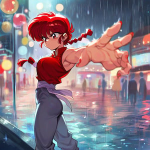 46 LORA Prompt score_8, score_8_up, score_7_up, source_anime, aesthetic, high details, 1girl, detailed big eyes, ranma2024_style, anime coloring, ranma 1/2, ranma-chan, red eyes, (red hair, short braid hair), large breasts, makeup, single braid, red hanfu, red color vest, black long pants, standing, rain, wet floor, outdoors, night, wet, angry face, rise hands, bokeh city street background, kung fu pose, 