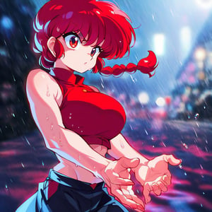 46 LORA Prompt score_8, score_8_up, score_7_up, source_anime, aesthetic, high details, 1girl, detailed big eyes, ranma2024_style, anime coloring, ranma 1/2, ranma-chan, red eyes, (red hair, short braid hair), large breasts, makeup, single braid, red hanfu, red color vest, black long pants, standing, rain, wet floor, outdoors, night, wet, angry face, rise hands, bokeh city street background, kung fu pose, 