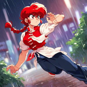 46 LORA Prompt score_8, score_8_up, score_7_up, source_anime, aesthetic, high details, 1girl, detailed big eyes, ranma2024_style, anime coloring, ranma 1/2, ranma-chan, red eyes, (red hair, short braid hair), large breasts, makeup, single braid, red hanfu, red color vest, black long pants, standing, rain, wet floor, outdoors, night, wet, angry face, rise hands, bokeh city street background, kung fu pose, 